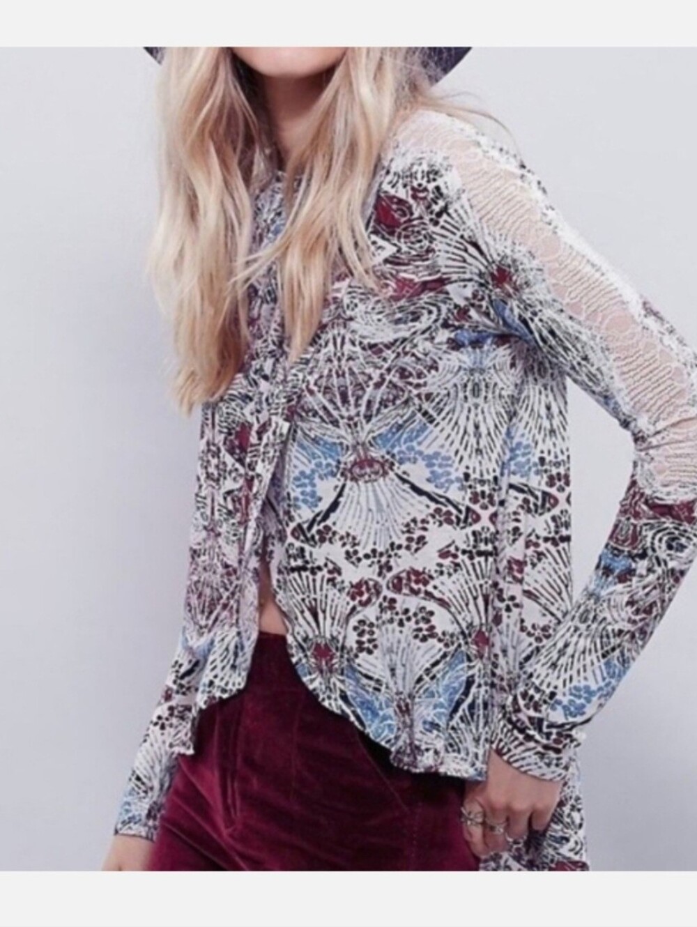 Free People Nouveau New World Tulip Hem Linen Blend Blouse In Snow Combo Size XS